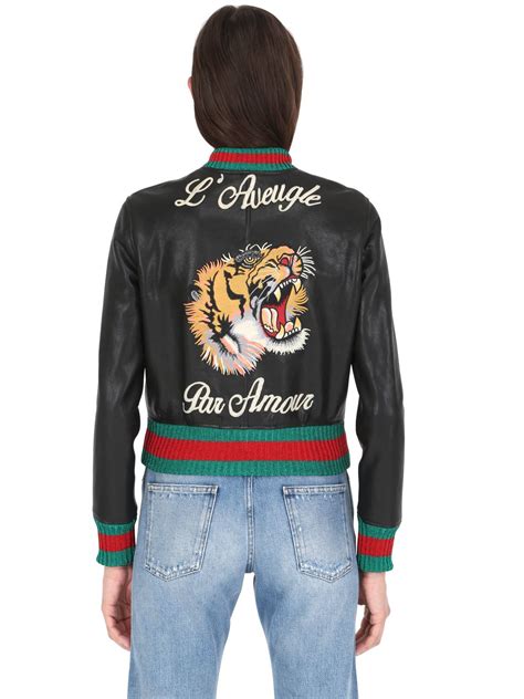 tiger-embroidered fringed black leather jacket by gucci|Gucci tiger clothing.